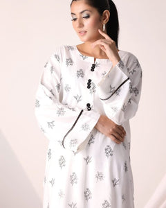 2pcs Flower Printed Stitched Suit Stone Winter Linen Suit Winter Collection (white)