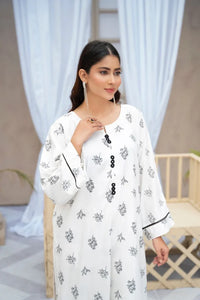 2pcs Flower Printed Stitched Suit Stone Winter Linen Suit Winter Collection (white)